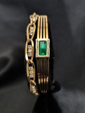 #87. Gold Open Bangle With Emerald Color Stone & Cubic Zirconia Set